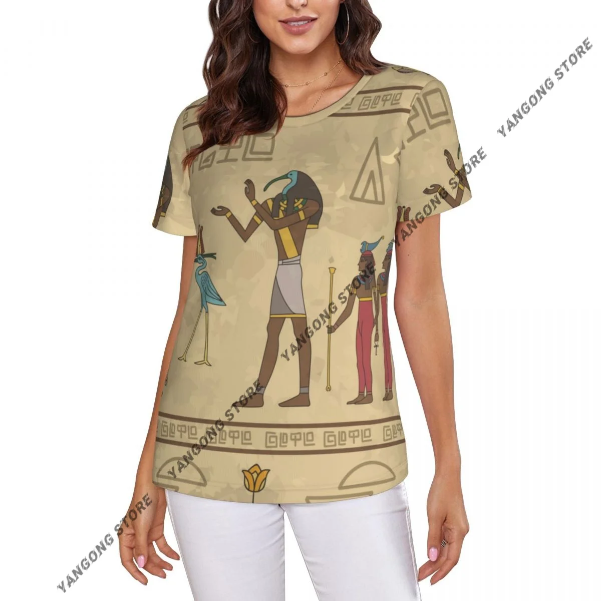 Casual Summer Woman Skinny Fit T-shirt Tight Short-Sleeve O-neck Tee Basic Egypt Hieroglyphic T Shirt