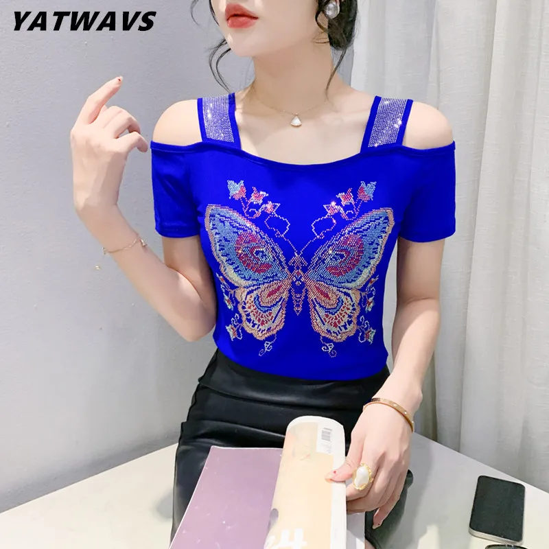 M-3XL New Women's Butterfly Shiny Hot Diamonds Design T-Shirts Chic Sexy Off Shoulder Tees Summer Short Sleeve Slim Mesh Tops