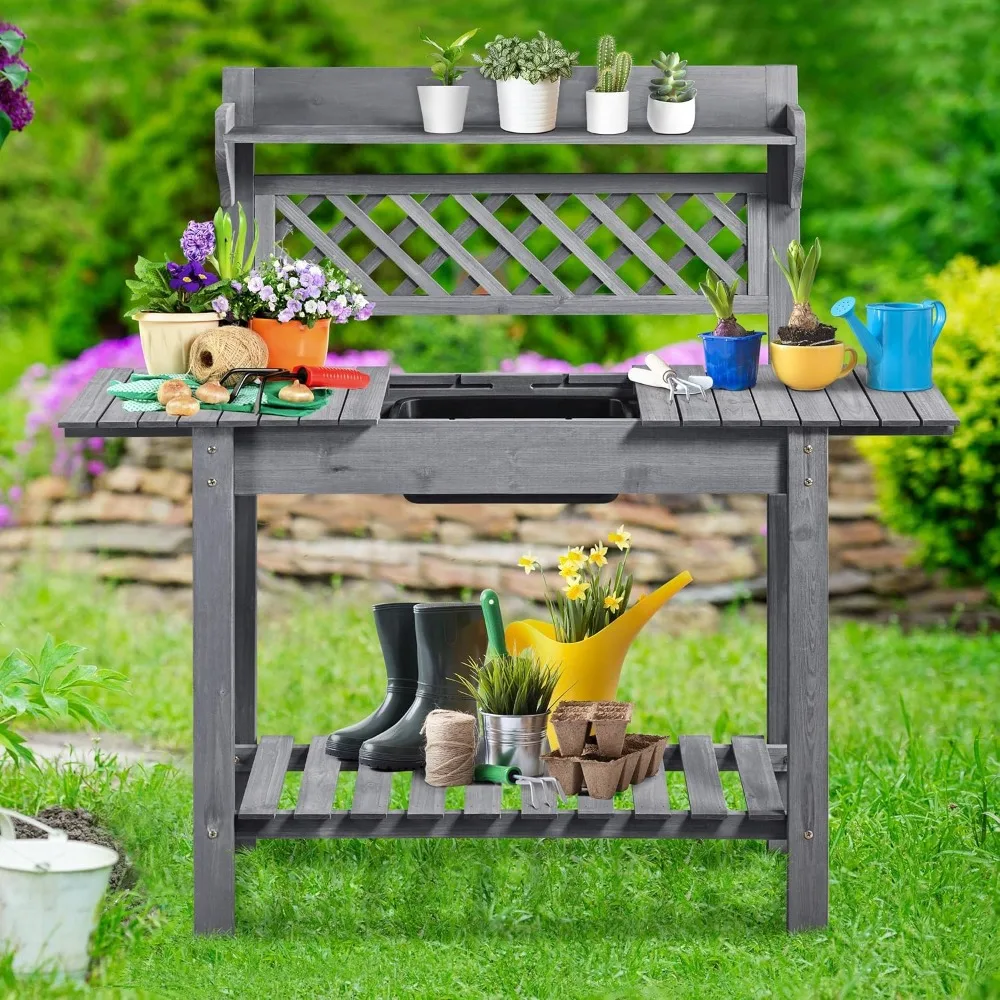 Potting Table Wood Workstation Table w/Sliding Tabletop w/Removable Dry Sink Storage Shelves Outdoor Garden Work Benches