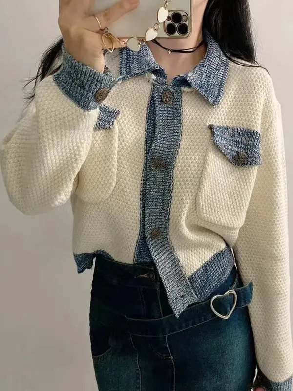 

Korean Chic Sle Spring Autumn Retro Collar Double ket Color Blo Long Sve Knitted Sweater Coat for Women