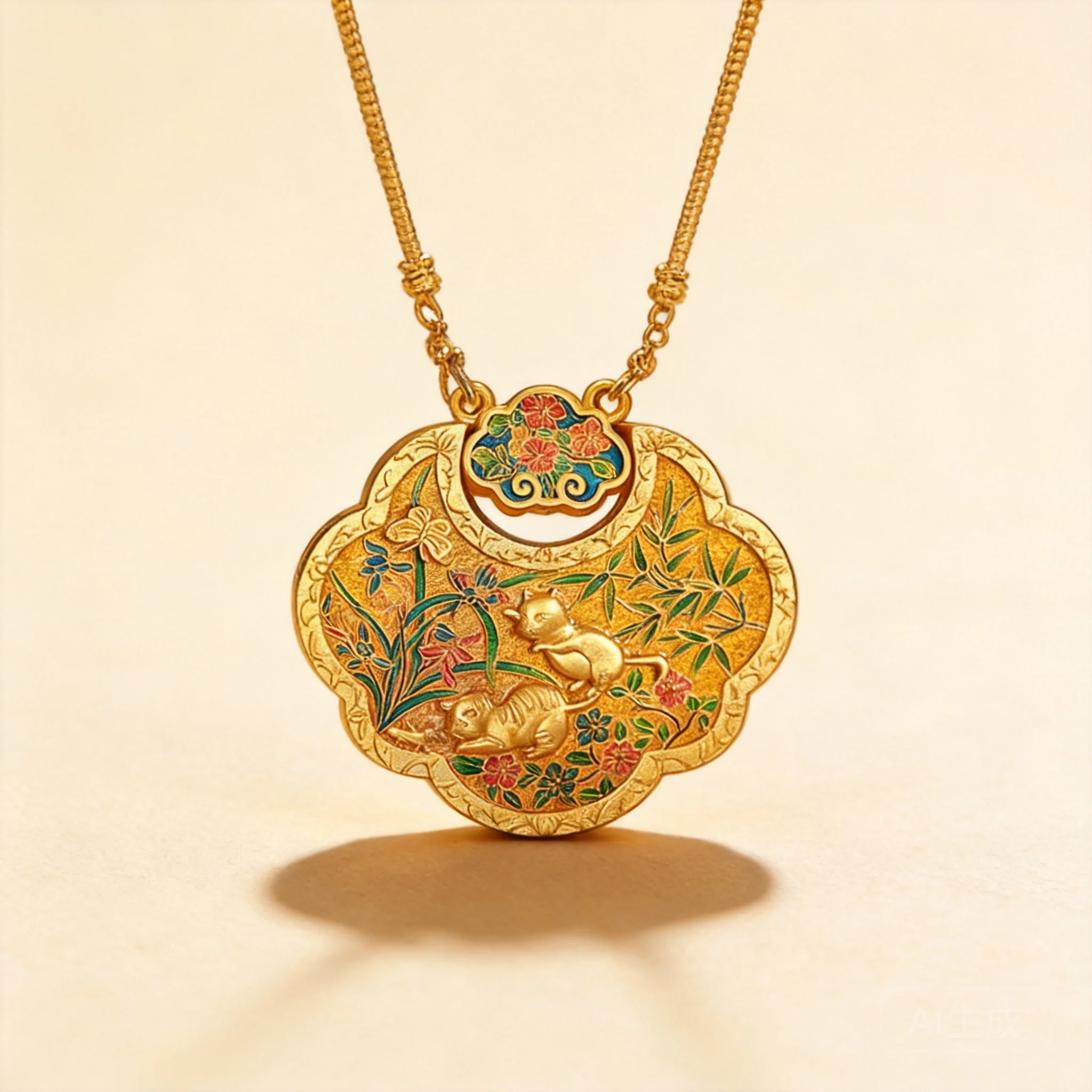 Yno Chinese Traditional Cloisonne Enamel Gold Plated Lucky Ruyi Lock Pendant Auspicious Wealth Blessing Jewelry For Women Neckla