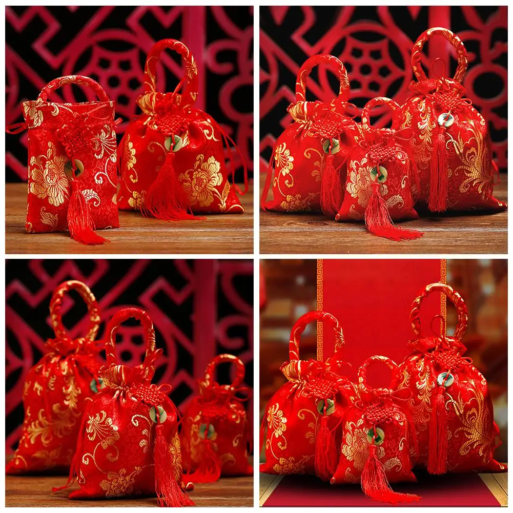 Chinese Style Embroidery Flower Drawstring Bag Candy Bag Packing Bag Sugar Style Jewelry Festive Bucket Floral Ethnic Bag B E5W5