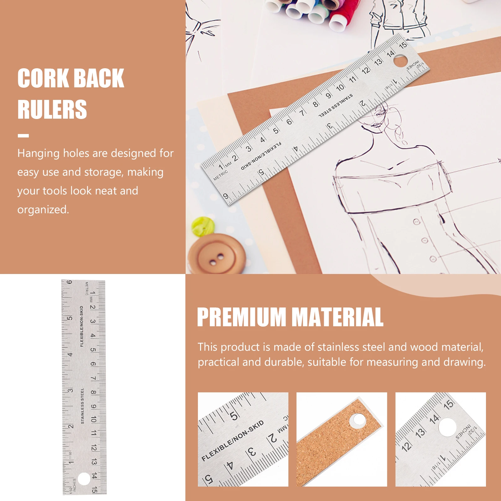 

2pcs 45cm Cork Back Rulers Stainless Tools for Drawing Graphic Design Teaching Engineering Students