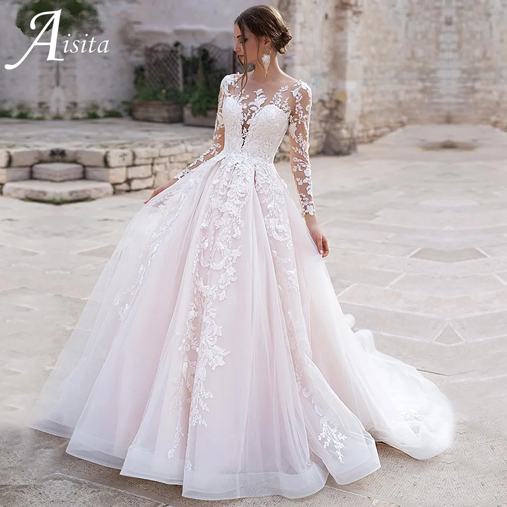 

customized Ball Gown Wedding Dresses With Lace Applique Very Fluffy Bridal Gown Sweep Train Vestido De Noiva Wedding Gown