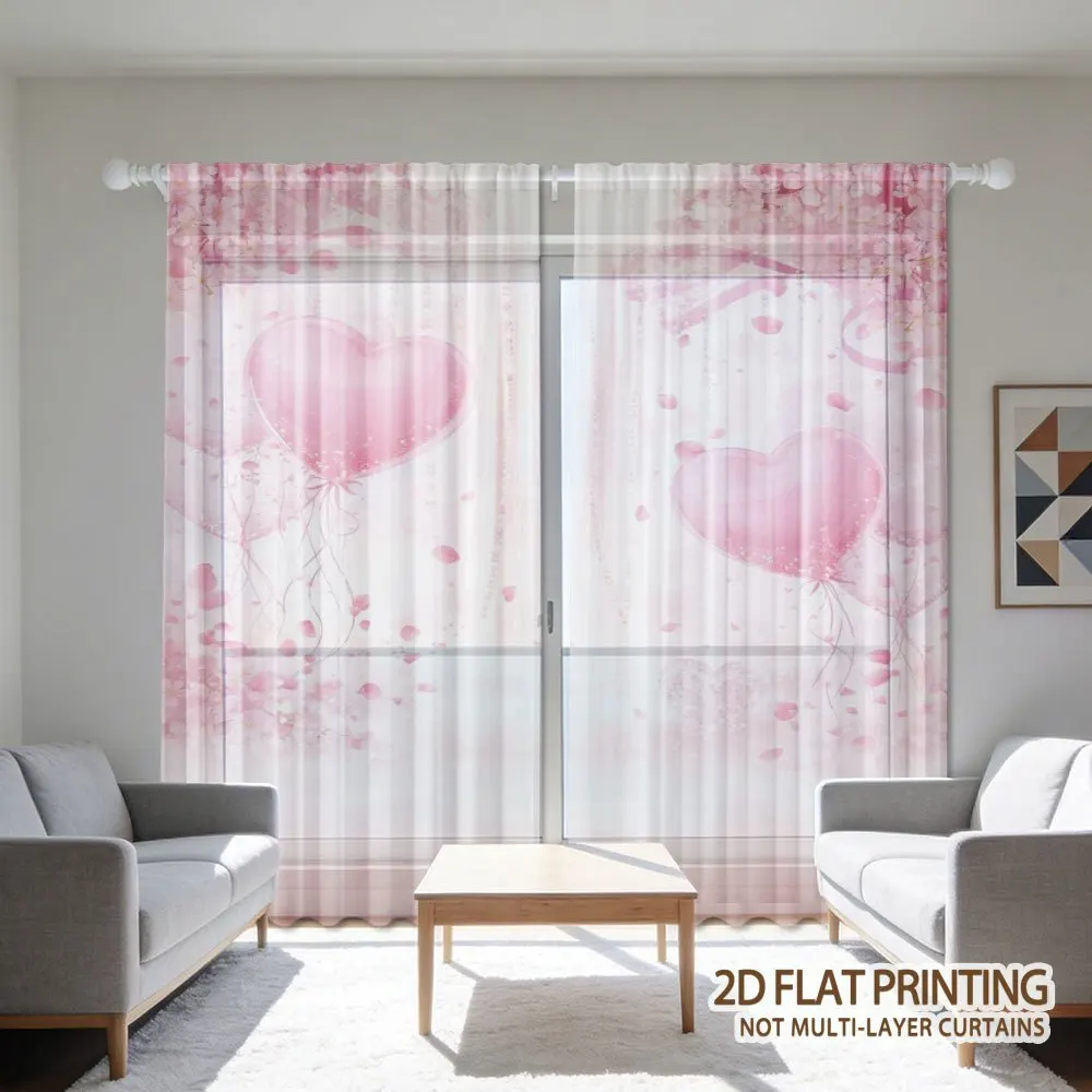 

2pcs 2D FLAT Pink Hearts And Balloons Pattern Sheer Curtains, Washable Window Drapes, with Rod Pocket Easy to Install