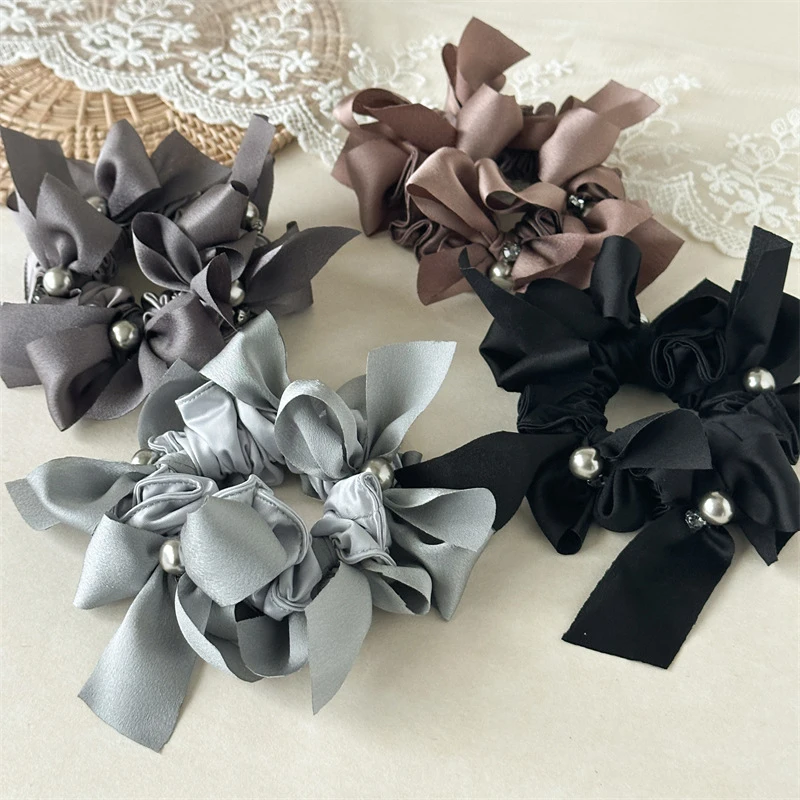 

High Gloss Luster Bowknot Elastic Hair Bands Metallic Bead Embellishment Sophisticated Evening Party Ponytail Ties