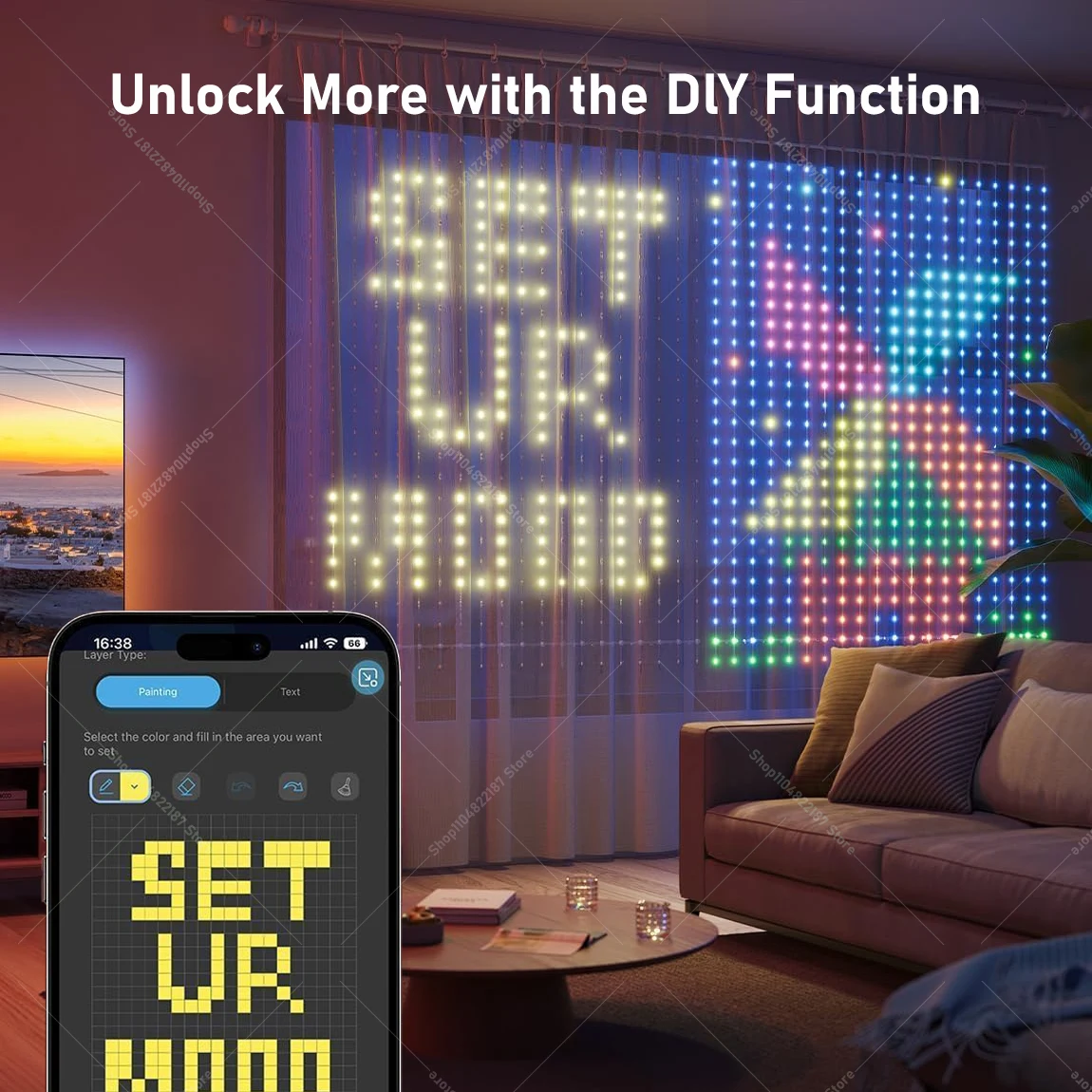 400LEDs Smart LED Curtain Lights with AI Google Assistant & Alexa Voice Control DIY LED String Lights for Window & Bedroom Decor