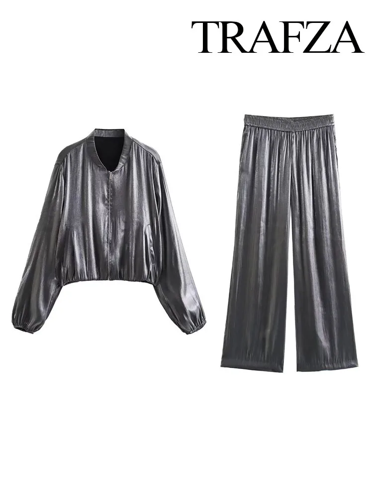 TRAFZA Autumn Elegant Woman Metal Color Loose Pants High Waist Casual Wide Leg Pant+Silver Pleated Oversize Coat 2 Piece Set