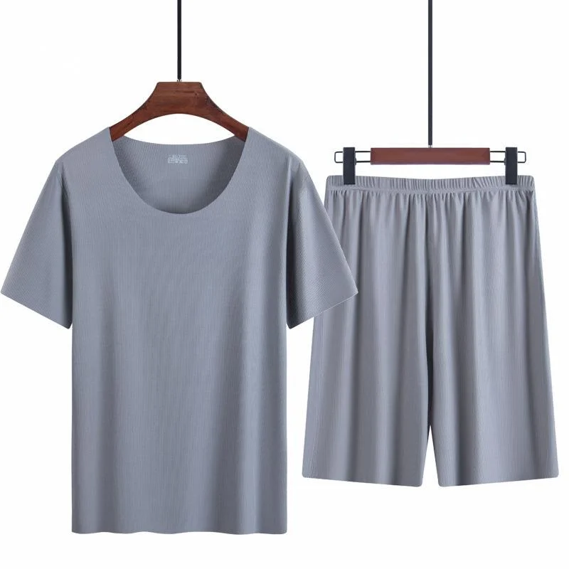 

4XL Plus Size Ice Silk Pajamas Men's Home Suit Modal Traceless Round Neck Sleepwear