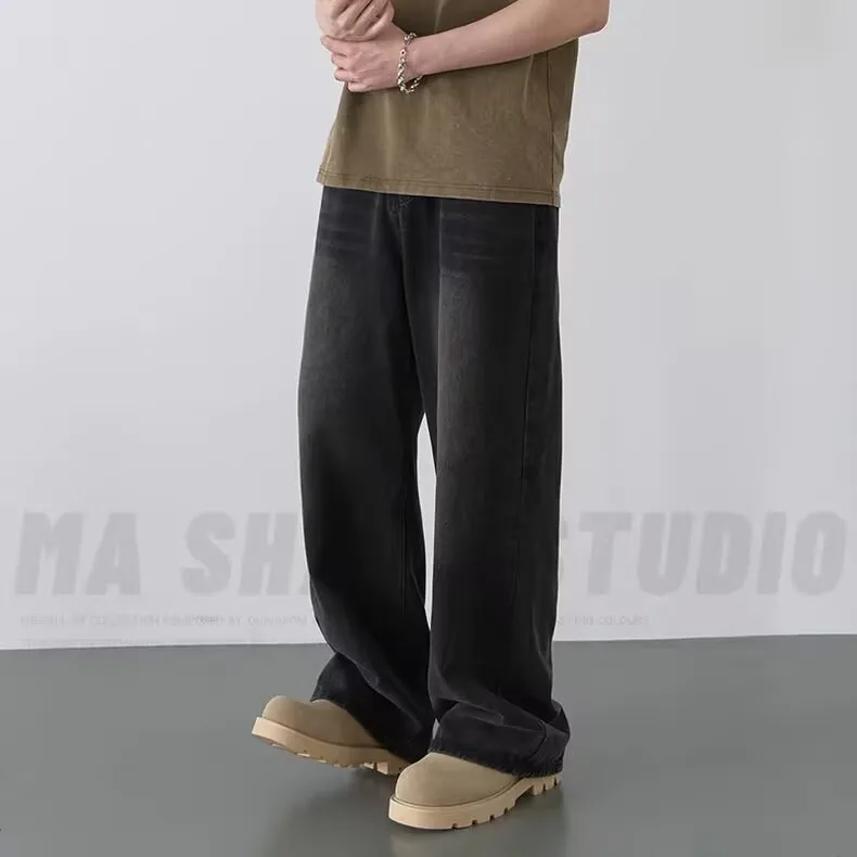 Lente Herfst Heren Nieuwe Denim Broek Oud Blauw Gewassen Casual Jeans Herenkleding Losse Nieuwe Mode Contrasterende Kleur Wijde Pijpen Broek