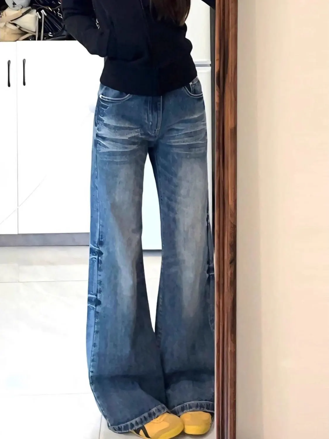 

American Style Retro Washed Straight Leg Micro Flared Jeans Women's Small Size High Waist Loose Slimming Wide Leg Floor-Lengt...