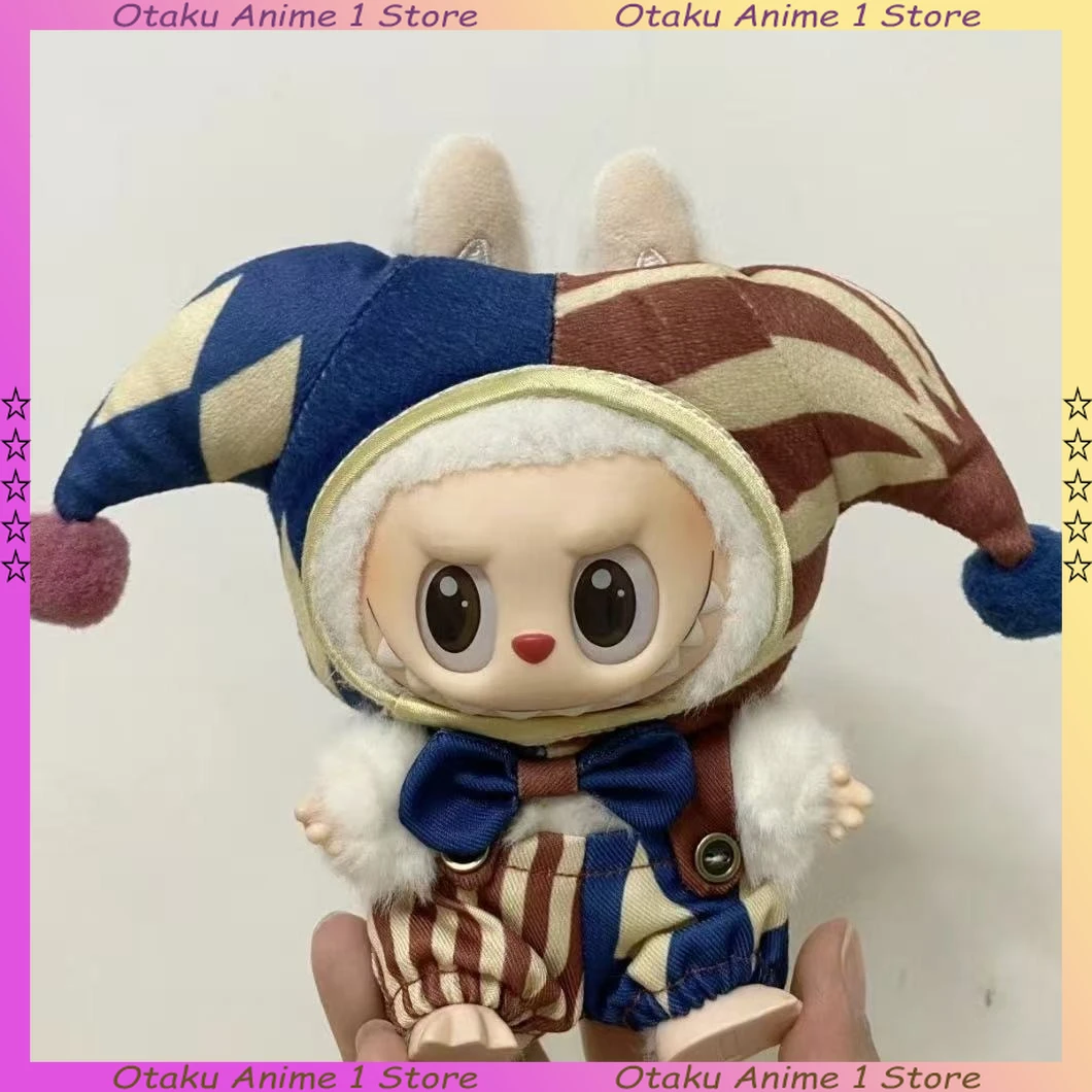 Ubranka dla lalki Cartoon Labubu 3.0, uroczy zestaw: kapelusz klauna cyrkowego, ogrodniczki, mini pluszowa lalka, odzież, akcesoria dla lalek, prezent dla chłopca i dziewczynki.