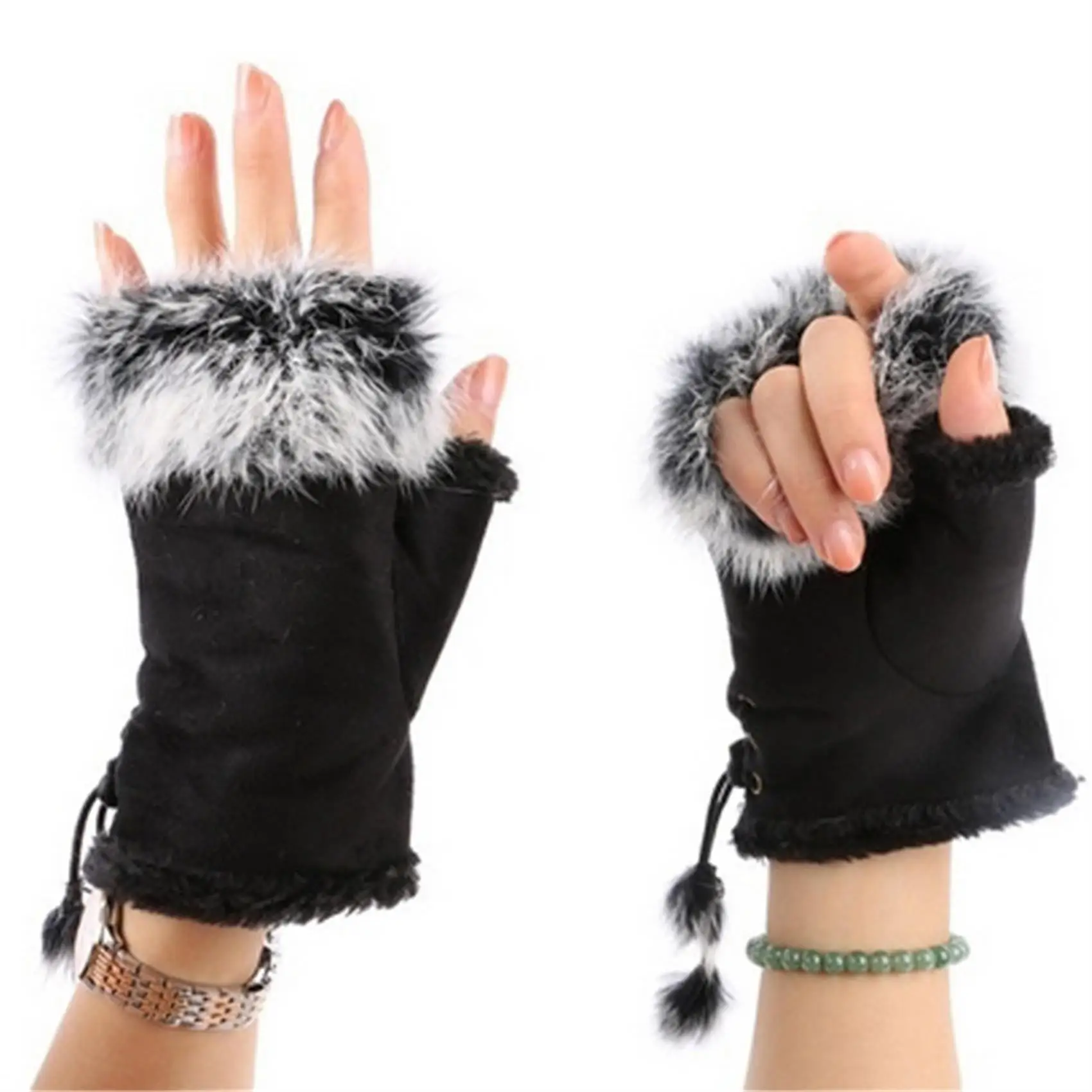 Half Finger Women Mitten Cute Plush/Suede Leather Gloves High Quality Faux Rabbit Hair Wrist Fingerless Mittens For Ladies image 4