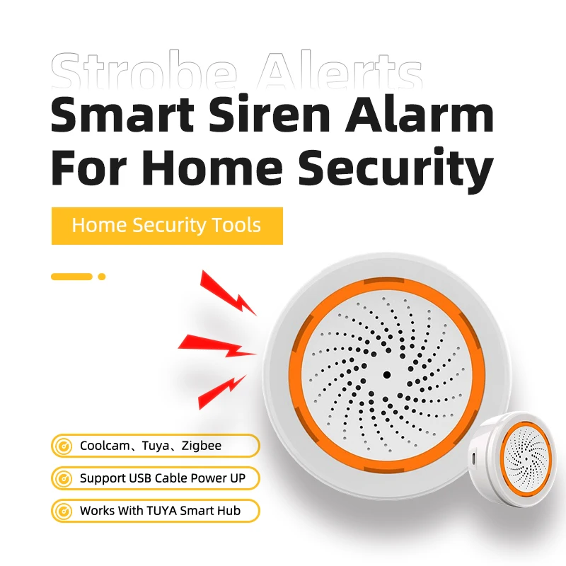 Coolcam Tuya Zigbee Smart Siren Alarm Strobe Alerts USB Cable Power For Home Security Works With TUYA Smart Hub Smart Security