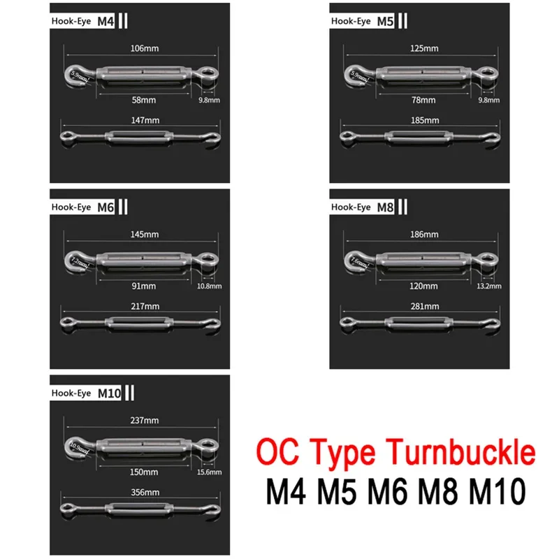 1Pcs M4 M5 M6 M8 M10 OC Type Turnbuckle 304 Stainless Steel Wire Rope Tension Adjuster Chain Rigging Hook Eye