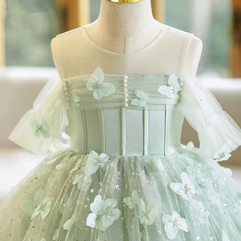 Hochwertiges Mädchen-Geburtstags-Prinzessinnenkleid, Grünes Kleid für Klavierauftritte, Kindergarten-Moderationsauftritt, Blumenmädchenkleid A5070 – Detail 6