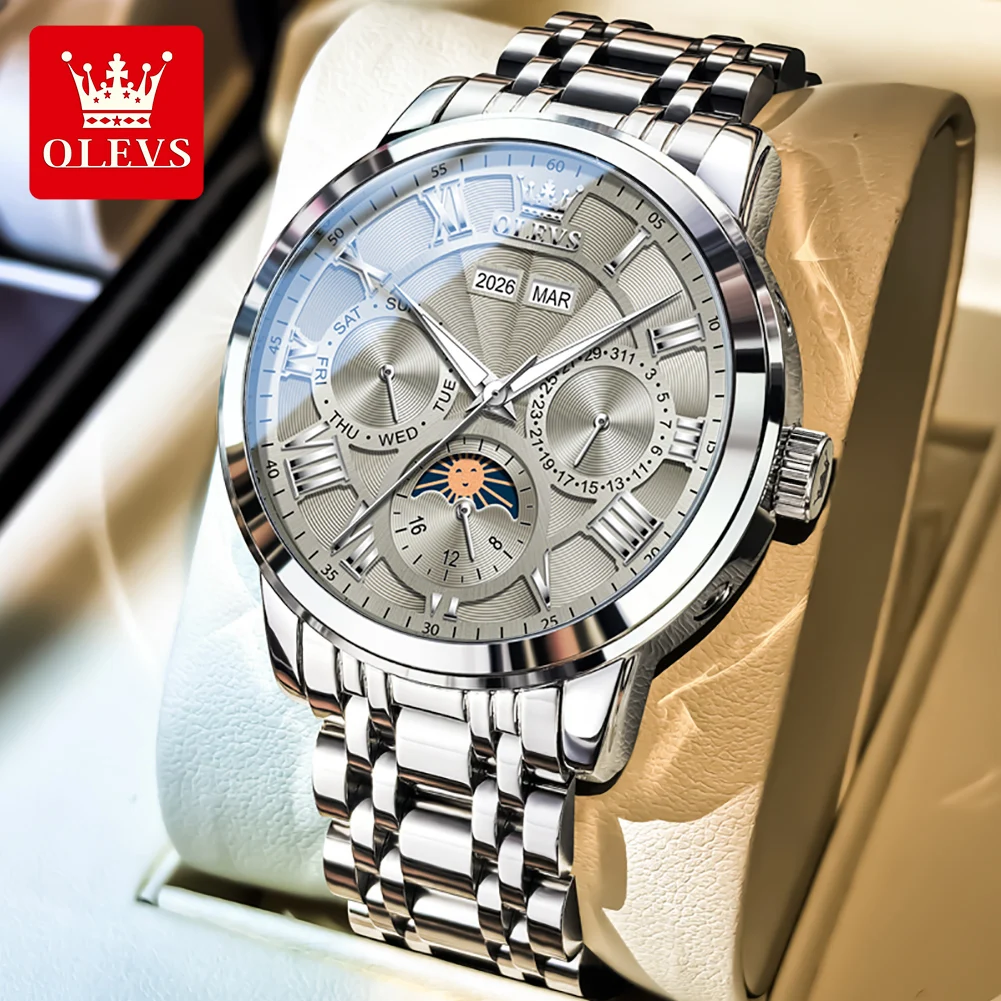 

Мужские механические часы OLEVS, модные, из нержавеющей стали, оригинальные, автоматические, водонепроницаемые, с указателем даты и фаз луны.