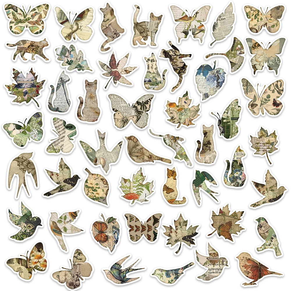 50PCS Vintage leaf Animals Stickers Butterflies And Kitten Graffiti Decals For Laptop Phone Shell Scrapbook Fridge Stickers