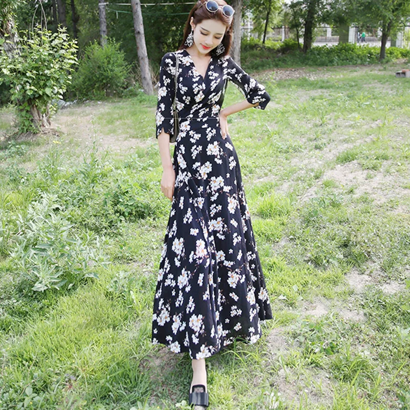 

Summer fashion dress V-neck large hem super long dress slim high to ankle Chiffon Dress