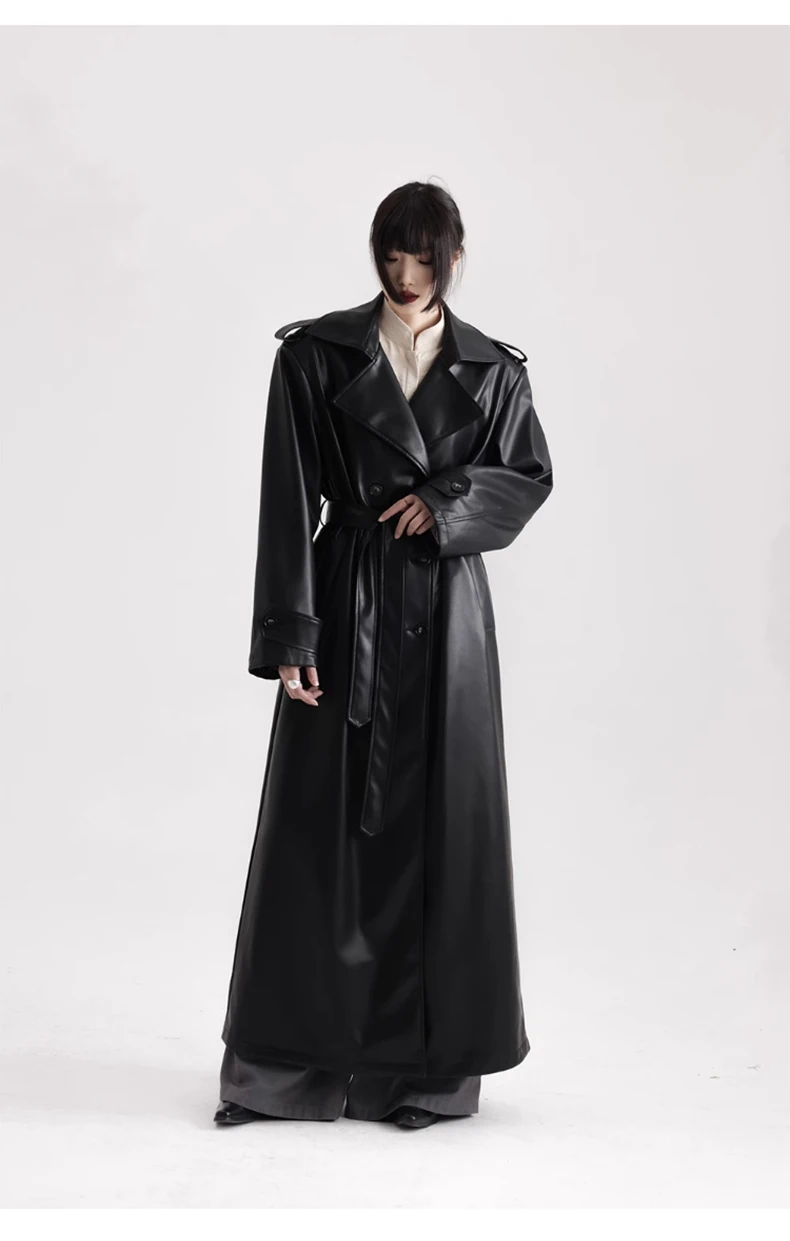 Lautaro Spring Autumn Extra Long Black Soft Pu Leather Trench Coat for Women Double Breasted Loose Casual Korean Fashion 2024