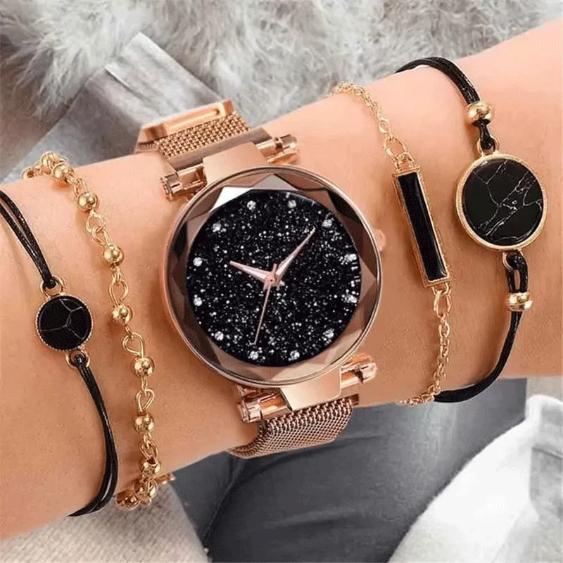 5pcs/set Women Ladies Watches, Starry Sky Magnet Buckle Dial Rhinestone Mesh Straps Bracelet Wristwatch + Marble Bracelet