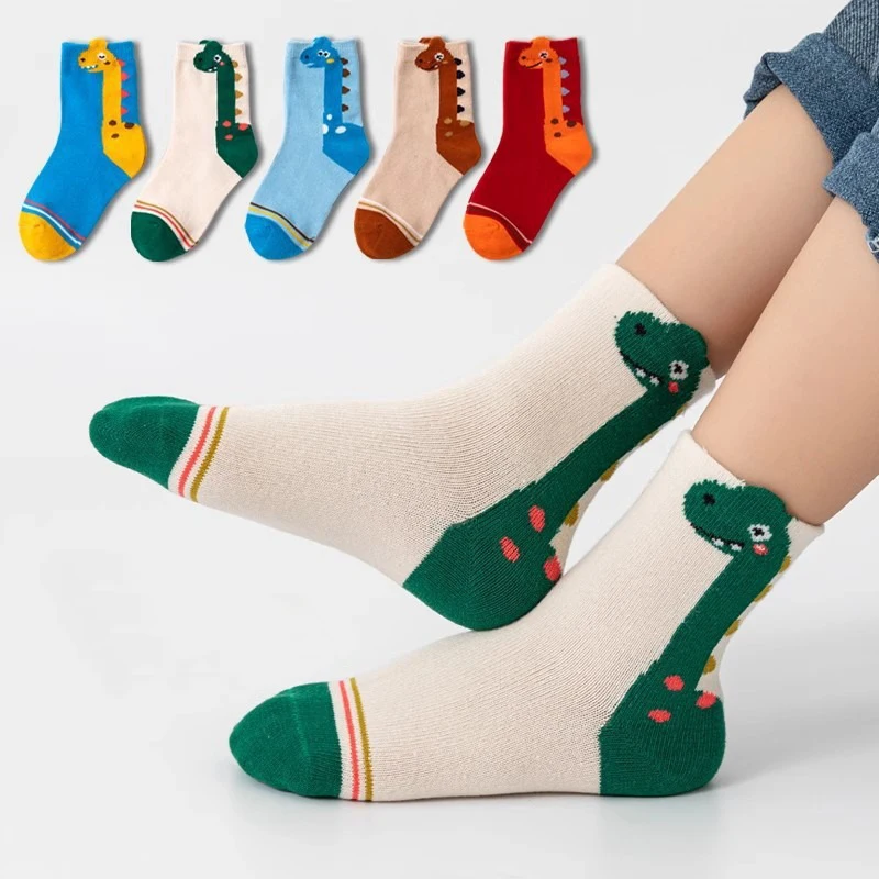 

5 Pairs Autumn/Winter Children's Socks Cute Cartoon Dinosaur Boys Mid Tube Socks，Casual Socks