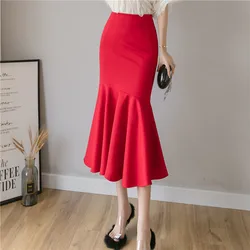 Seoulish Ruffles Solid Color Women's Skirts 2024 New Spring Summer Elegant High Waist Office Ladies Style Pencil Midi Skirts