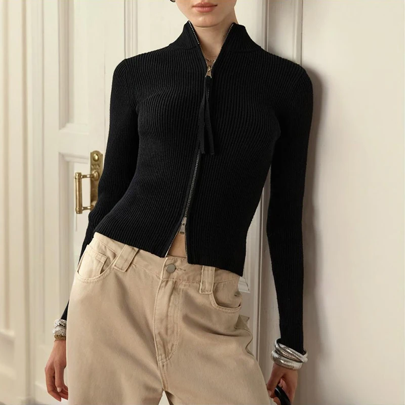 

Tornova Fashion Knitted Coat Women's Double Zipper Cardigan Long Sleeve Outwear Slim Stand Collar Solid Female Sweater Cardigan