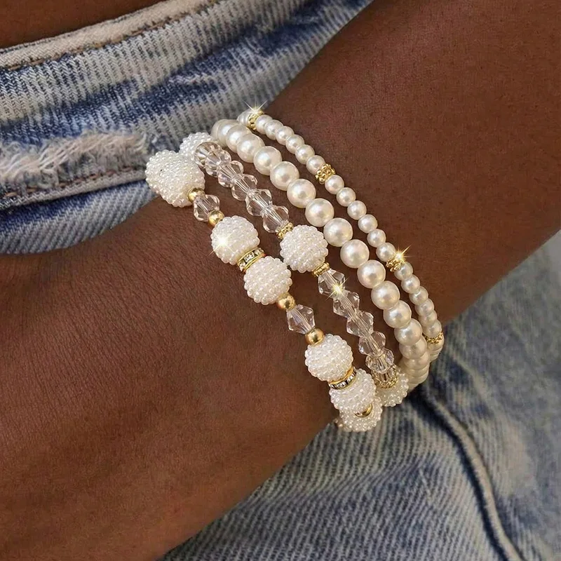 4pcs/set Boho Faux Pearl & Glass Bead Elastic Bracelet – Effortless Romantic Style for Everyday.