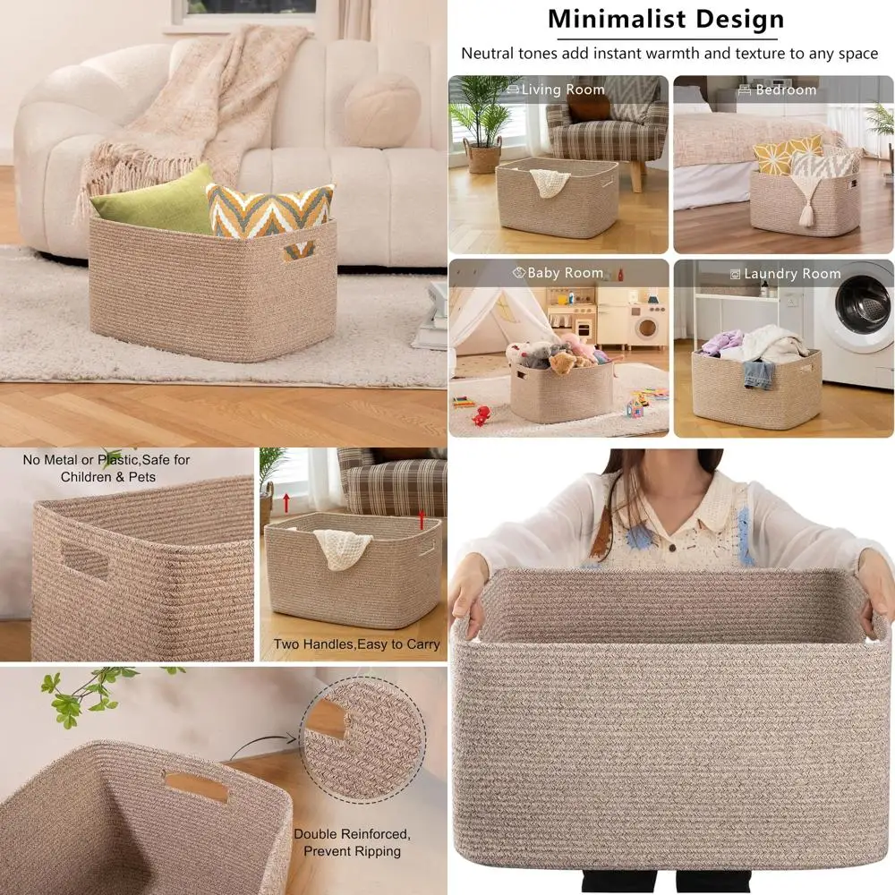 

Large Cotton Woven Basket with Handle for Storage, 75L, Brown, 22x17x12