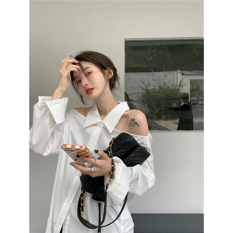 Y2K White Shirts Women Streetwear Sexy Halter Hollow Out Long Sleeve Blouse Korean Office Lady Elegant Off Shoulder Casual Tops