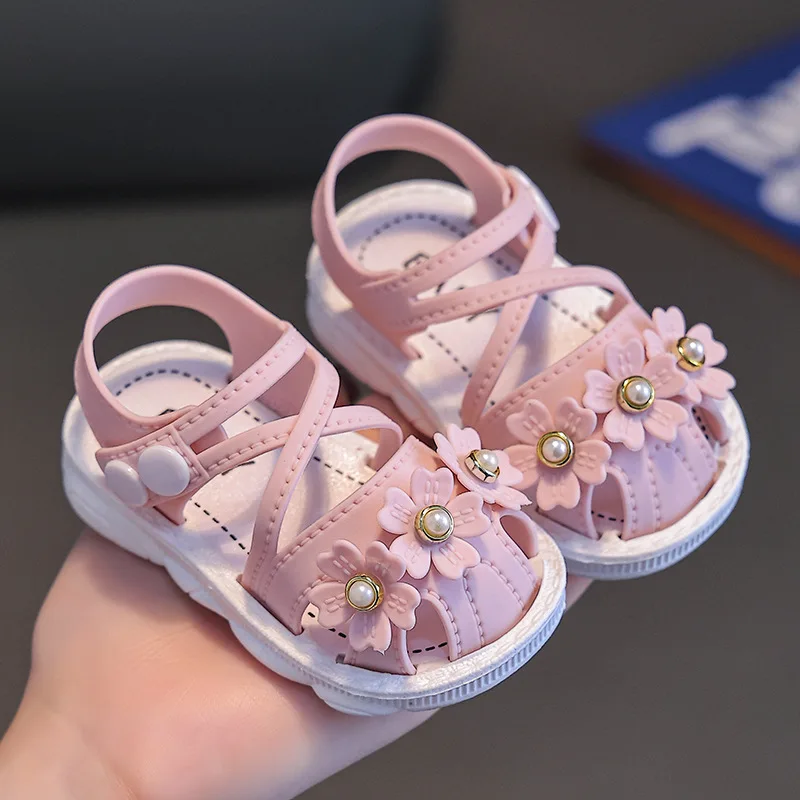 Baby Girl Sandals Summer Close Toe Infant Toddler Shoes Breathable First Walkers Newborn Cute Flower Pearl Beach Sandals 아기신발