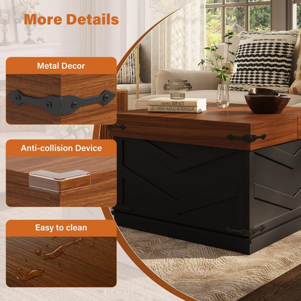 Table basse relevable de 31,5 pouces avec centre carré coulissant et grand rangement caché