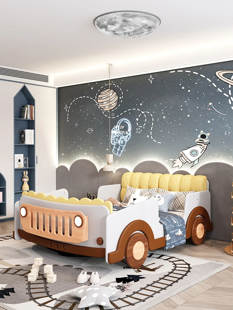 Bedroom furniture, off-road sports car, car bed, boy's cartoon solid wood children's bed with guardrail, boy's tree bed tent.