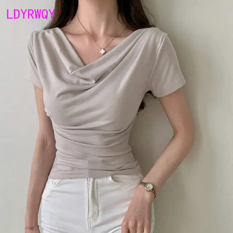 

Summer 2023 new solid color versatile short sleeve T-shirt women's shoulder swing collar sexy versatile top