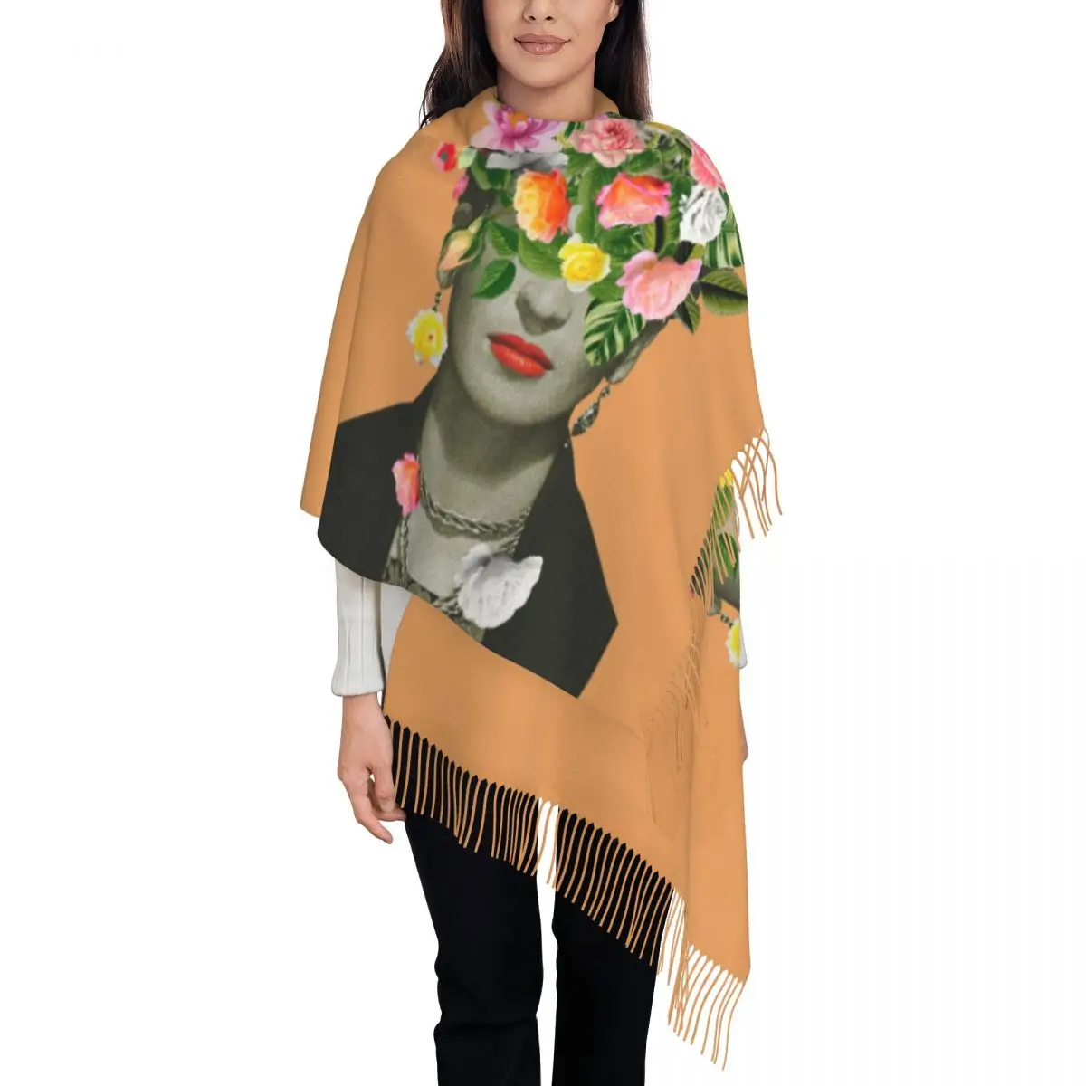 Unisex Scarf Warm Flower Women Large Scarves with Tassel Orange Creative y2k Funny Shawl Wraps Winter Designer Bufanda