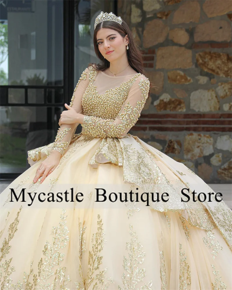 Luxury Shiny Gold Lace Sequins Quinceanera Dress 2024 Long Sleeve Pearls Beaded Ruffles Sweet 16 Dress  Vestidos De XV 15 Anos