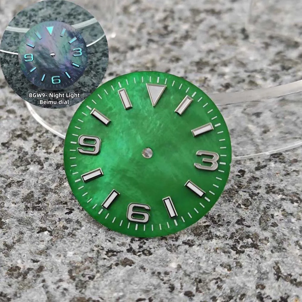 NH35 다이얼 28.5mm, BGW9 블루 야광 시계 다이얼 (NH35 무브먼트용, 캘린더 없음, 369 숫자, 시계판 개조 부품)