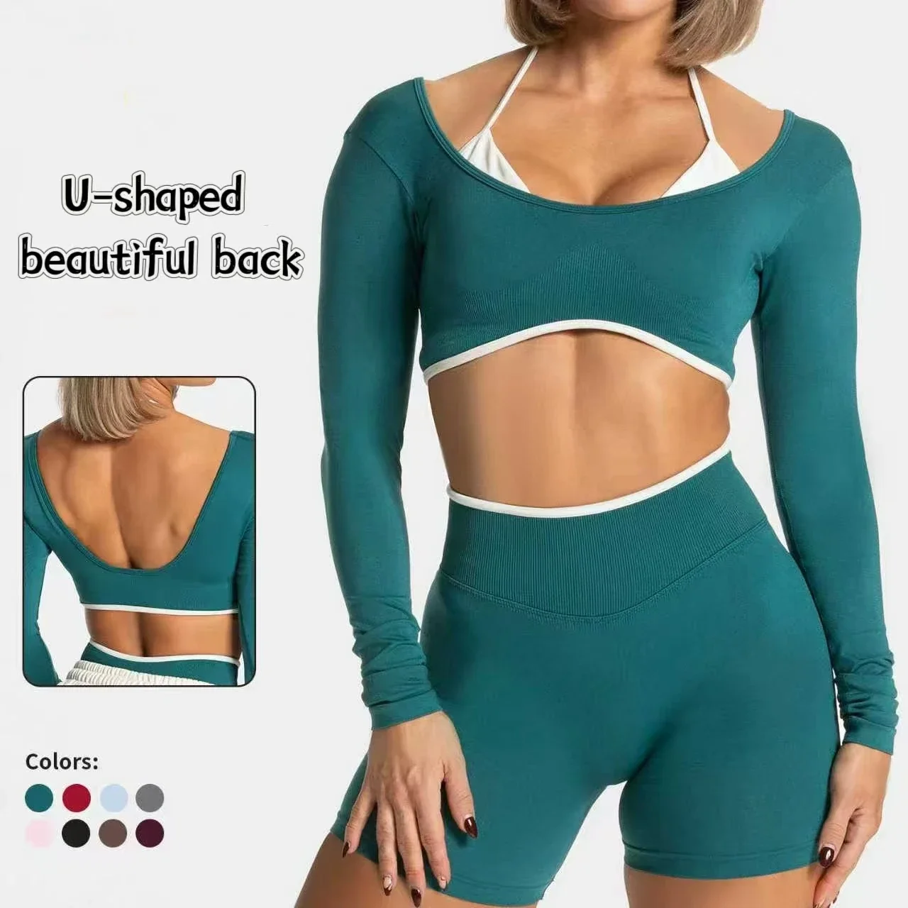 TEVEO – ensemble de Yoga 2 pièces pour femmes, collants à manches longues sans couture, short de Fitness, tenues d'entraînement, vêtements de sport, survêtement pour filles