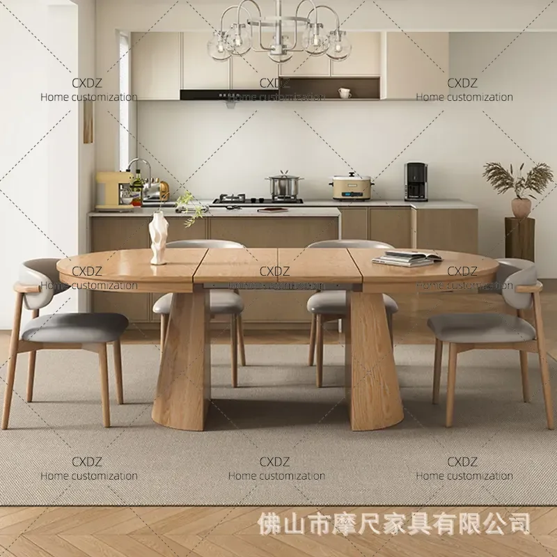 All Solid Wood Retractable Folding Dining Table Variable Round Oval Push Pull Extended Table Japanese Style