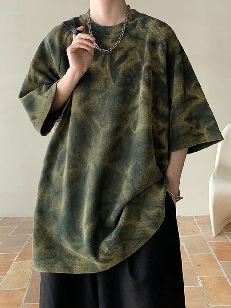 Plus Size Tie-Dye T-Shirt for 40-150kg Unisex Three Quarter Sleeve Loose Fit Retro Trendy Street Style Eye Catching​