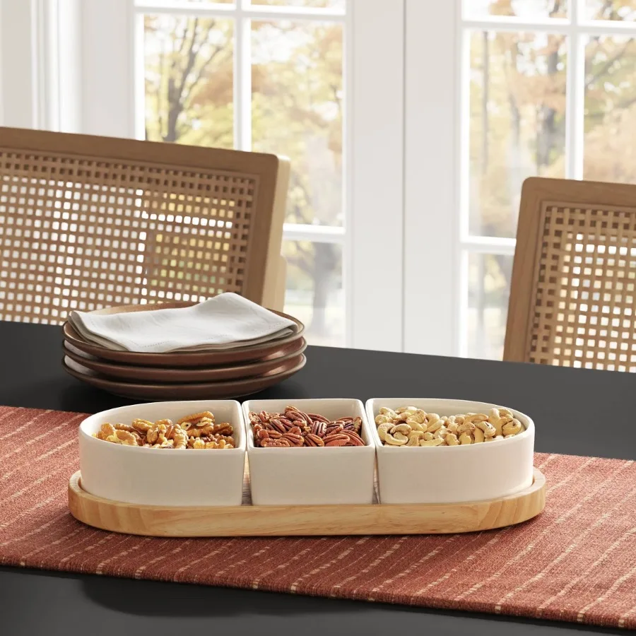 4pc Ceramic Sectioned Dip Bowl Set with Rubberwood Tray, Decorative Snack & Condiment Serving Dishes, Hand‑Wash Party Serveware