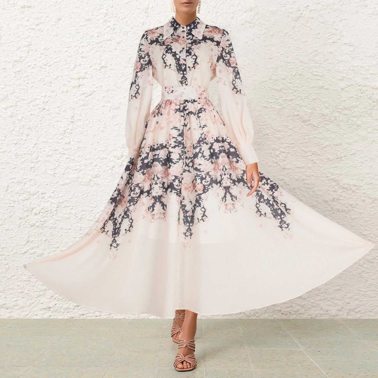 Nieuwe 2025 Lotus Stem Katoen Melk Thee Kleur Bloemenpatroon Lantaarn Sve irt plus Lange Rok Tweedelige Set Dames Faion