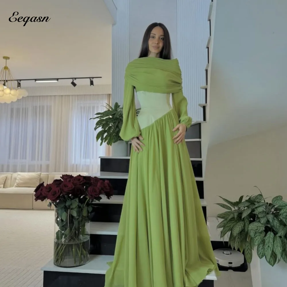 

Eeqasn Customized Green Chiffon Pleat Evening Dress High Quality Long Sleeves A-line Floor-Length Wedding Party Dresses