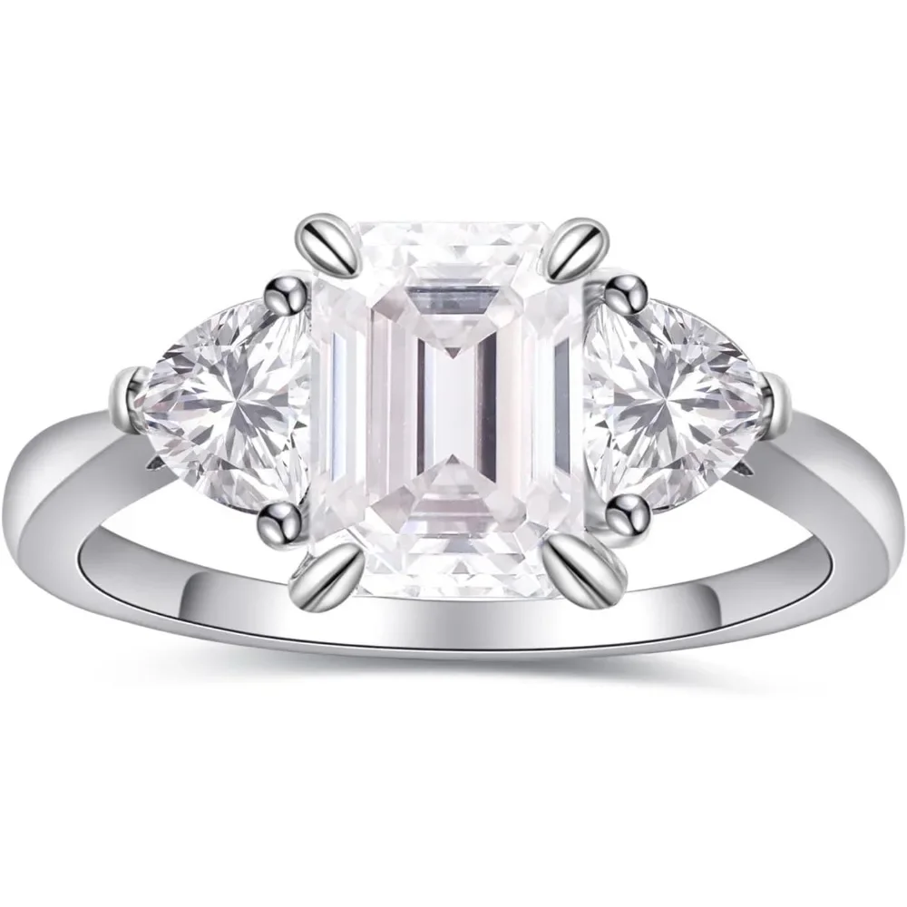 

2CT Rectangle Cut Moissanite Engagement Rings for Women, 925 Sterling Silver 3-Stone Wedding Rings., D Color VVS1 Rings.