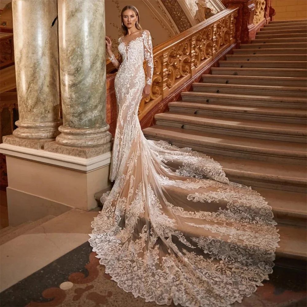 맞춤 제작된 정교한 아플리케 웨딩드레스 우아한 긴 소매 스위트하트 브라이덜 가운 기품 있는 머메이드 베스티도 데 노비아