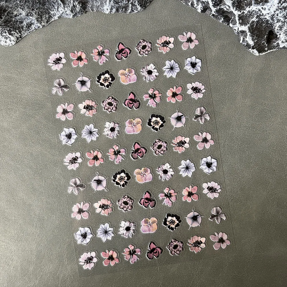 PVC Flower Textured Matte Nail Stickers Pink Purple Black Simple Petal Design Painting Butterfly Heart Fresh Manicure Decals