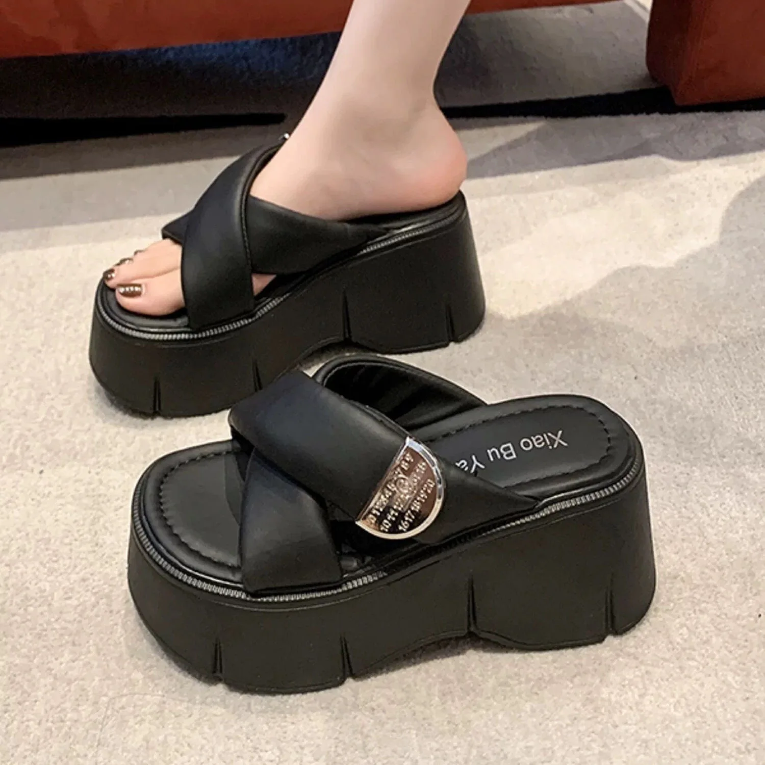 Platform Women Slippers Slope Heel Sponge Cake Casual Ladies Chunky Thick Sole Wedges Slides with Cross-strap Casual Flip-flops