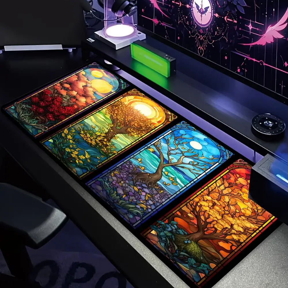 Quadruple-panel Stained Glass Style Fantasy Landscape Design Mouse Pad Desk Mat Gaming Pad Computer Keyboard Mouse Pads Mousemat
