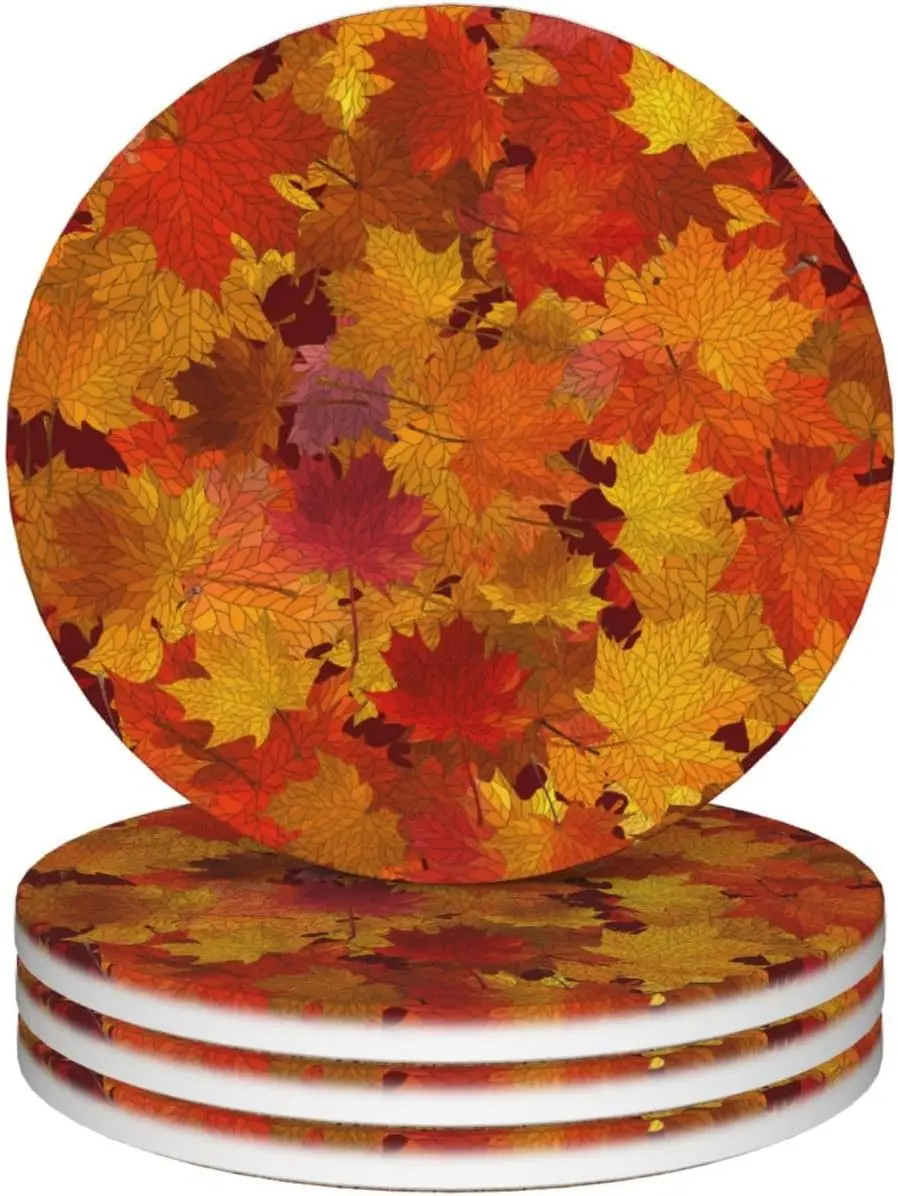 Fall Pumpkin Print Drink Coaster Thanksgiving Maple Leaves Absorbent Round Ceramic Coasters for Desk,Country Autumn Cup Mats